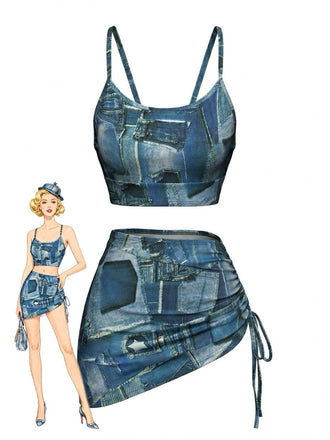Blue Y2K Denim Patchwork Print Drawstring Bikini Set & Cover-up - vintage fashion, retro style