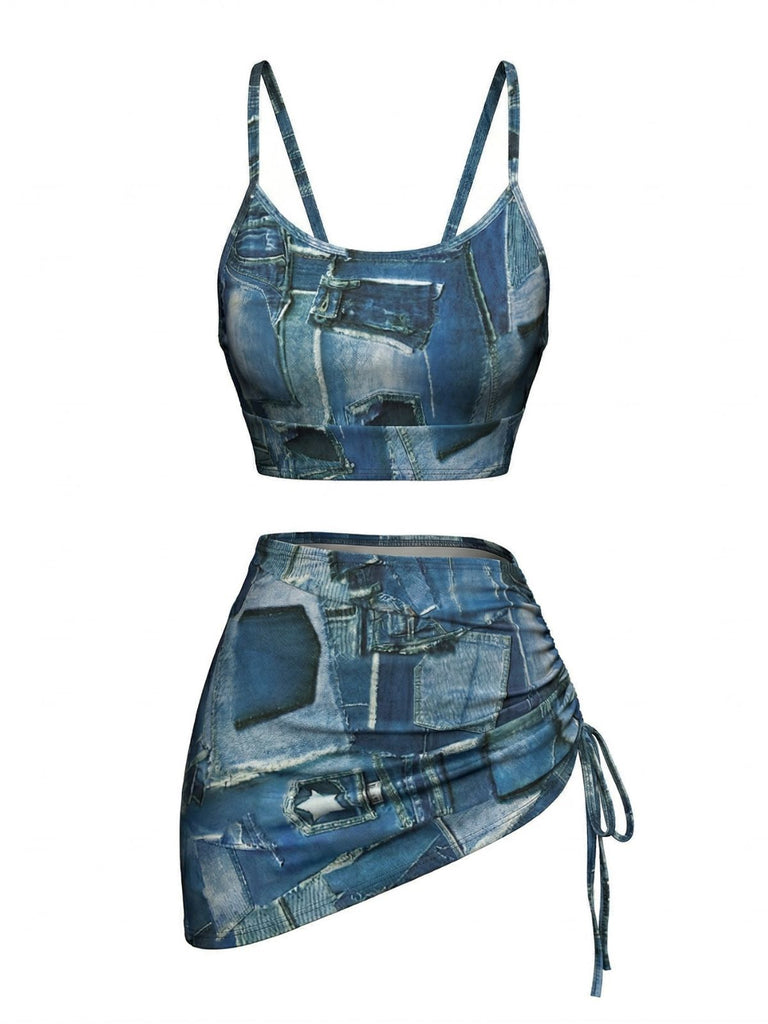 Blue Y2K Denim Patchwork Print Drawstring Bikini Set & Cover-up - vintage fashion, retro style