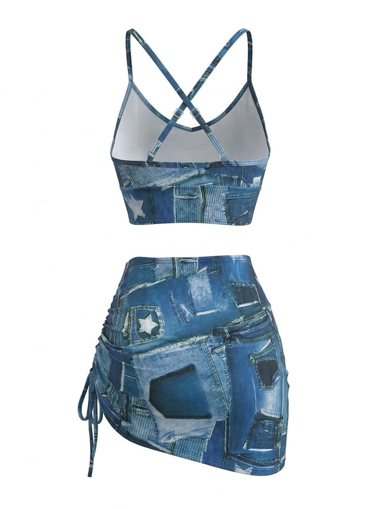 Blue Y2K Denim Patchwork Print Drawstring Bikini Set & Cover-up - vintage fashion, retro style