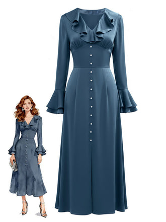 Blue-Gray 1940s Button Satin Split Dress - vintage dress, retro fashion