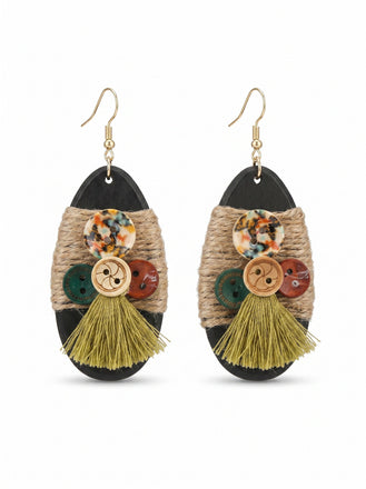 Boho Wooden Button Tassel Drop Earrings, vintage fashion, retro style - perfect for women who love vintage and retro fashion