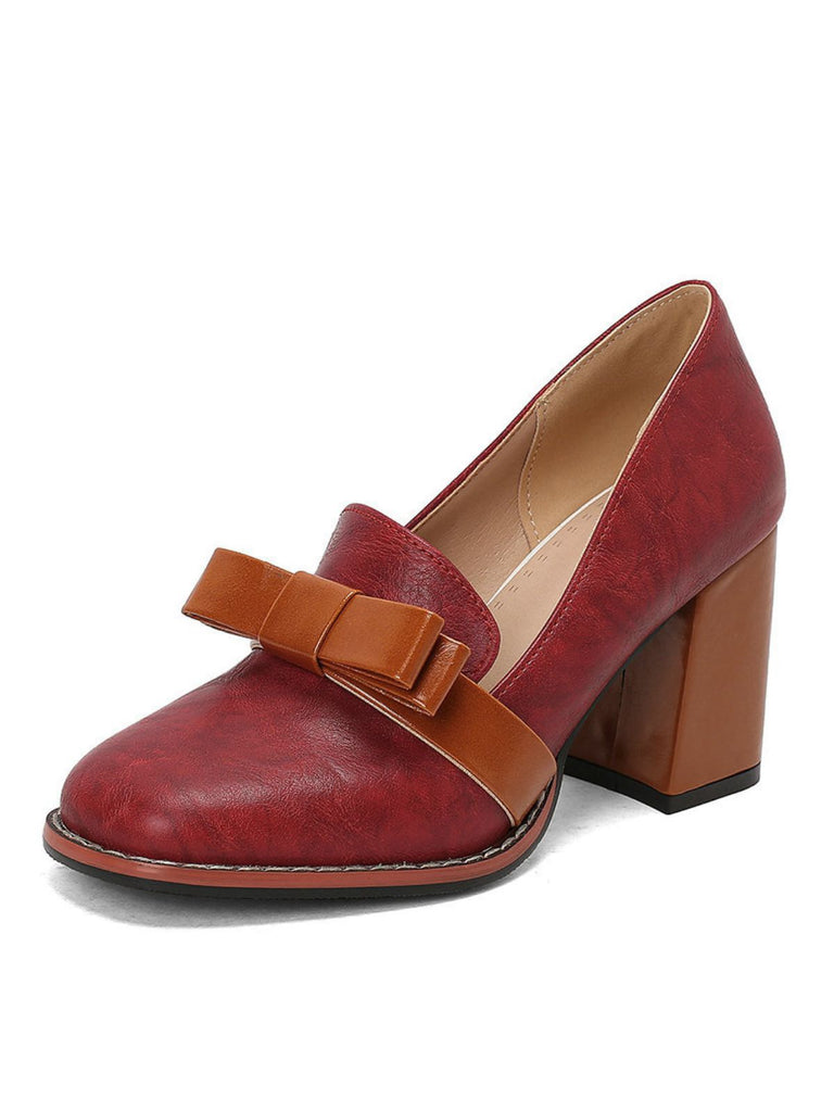 Bowknot Square-Toe Slip On Chunky Heels - vintage shoes, retro heels