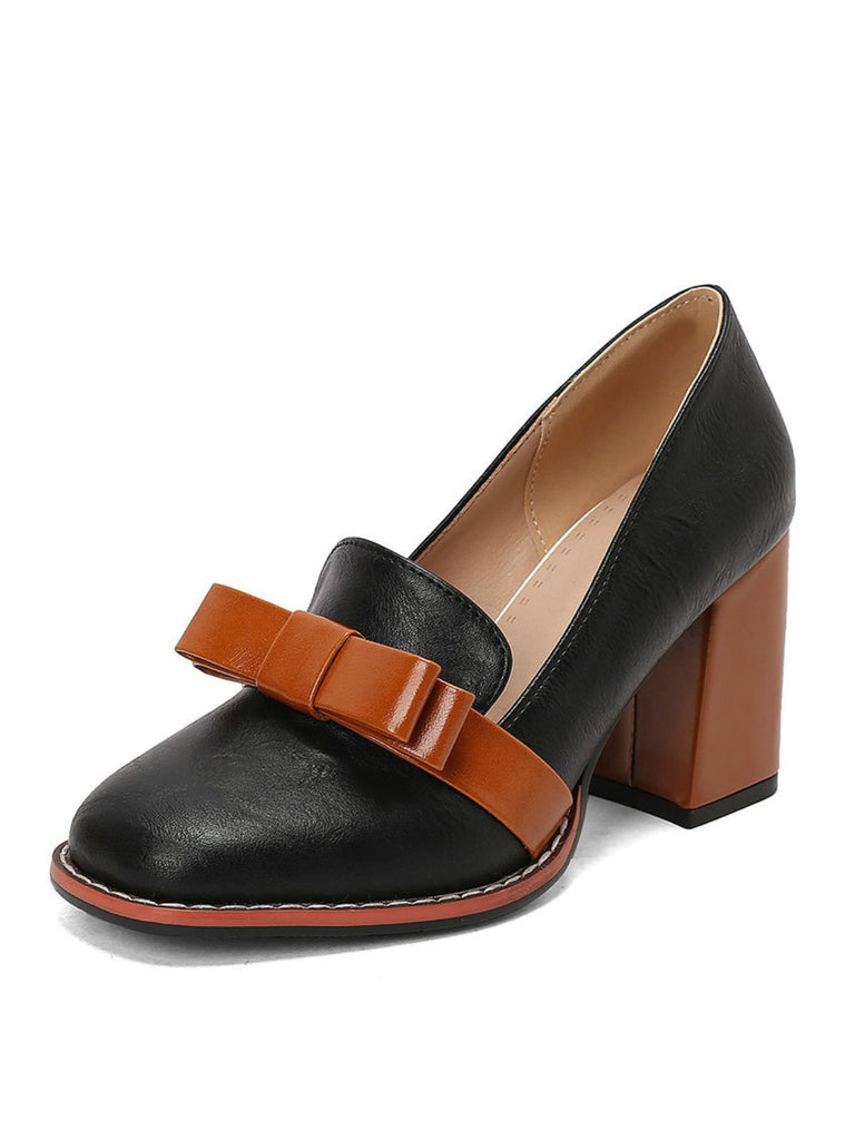 Bowknot Square-Toe Slip On Chunky Heels - vintage shoes, retro heels