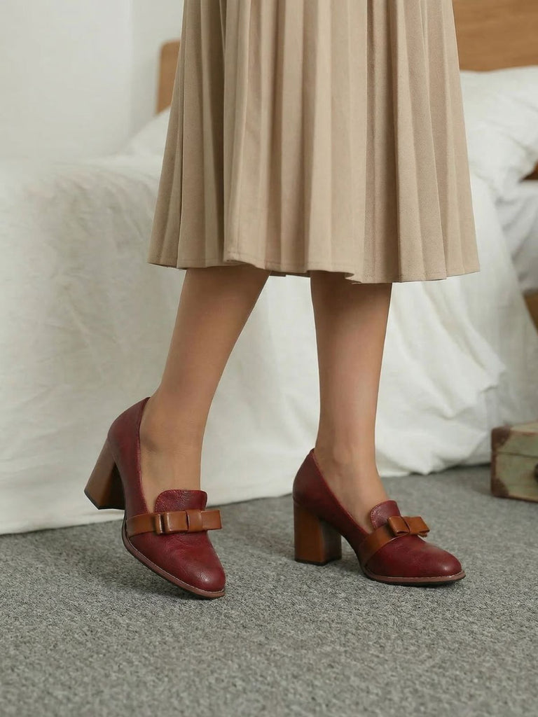 Bowknot Square-Toe Slip On Chunky Heels - vintage shoes, retro heels
