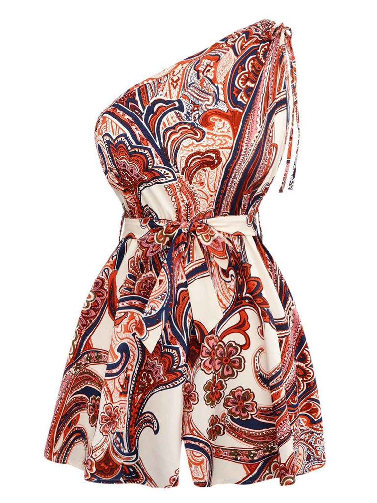 Brick Red 1970s One-Shoulder Bohemian Floral Romper - vintage jumpsuit, retro fashion, elegant red