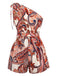 Brick Red 1970s One-Shoulder Bohemian Floral Romper - vintage jumpsuit, retro fashion, elegant red