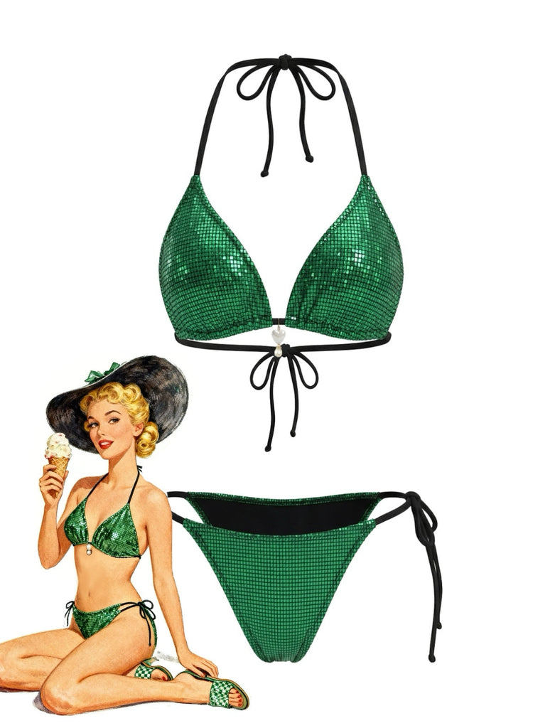 Bright Green 1980s Sequin Halter String Bikini Set - vintage fashion, retro style