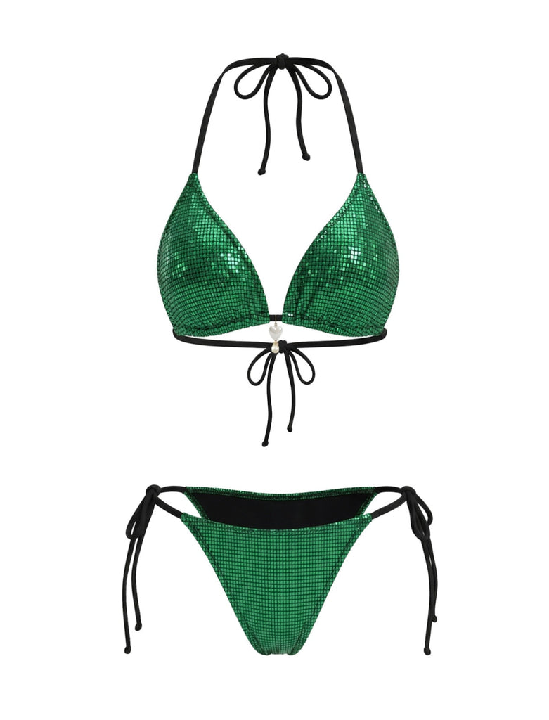 Bright Green 1980s Sequin Halter String Bikini Set - vintage fashion, retro style