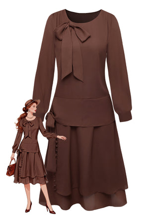 Brown 1920s Bow Tie Belted Waist Dress - vintage dress, retro fashion, Gatsby party