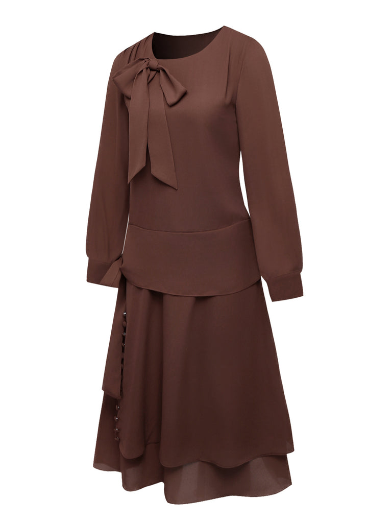 Brown 1920s Bow Tie Belted Waist Dress - vintage dress, retro fashion, Gatsby party