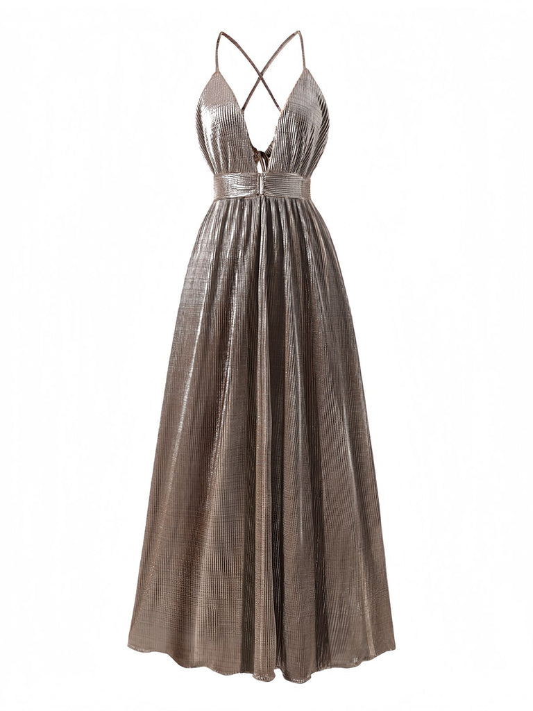 Brown 1930s Deep V Metallic Cut-Out Maxi Dress: beautiful vintage dress, retro fashion, elegant style with timeless appeal