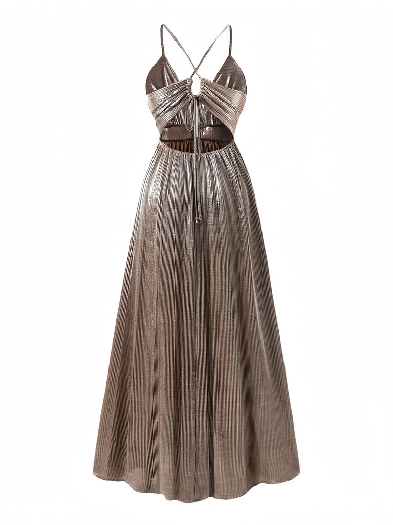 Brown 1930s Deep V Metallic Cut-Out Maxi Dress | vintage dress, retro fashion, elegant style - perfect for retro fashion enthusiasts
