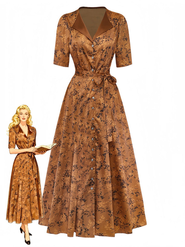 Brown 1930s Ditsy Floral Lapel Maxi Dress - vintage dress, retro fashion