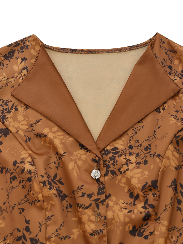 Brown 1930s Ditsy Floral Lapel Maxi Dress - vintage dress, retro fashion