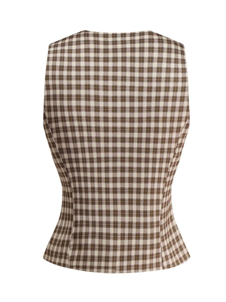 2PCS Brown 1960s Gingham Plaid Pleated Vest & Skirt - vintage skirt, retro style for vintage lovers