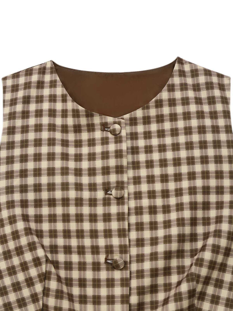 2PCS Brown 1960s Gingham Plaid Pleated Vest & Skirt - vintage skirt, retro style for vintage lovers