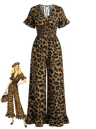 Brown 1930s Leopard Ruffled V-Neck Empire Waist Jumpsuit - vintage romper, retro jumpsuit, playful style for vintage lovers