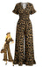 Brown 1930s Leopard Ruffled V-Neck Empire Waist Jumpsuit - vintage romper, retro jumpsuit, playful style for vintage lovers