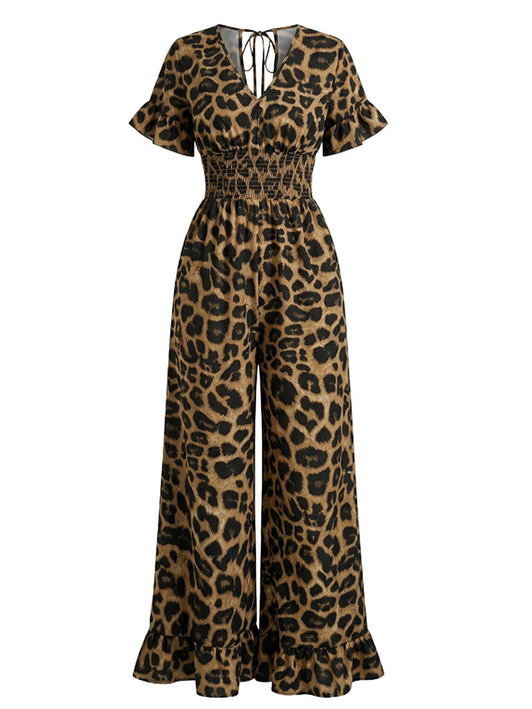 Brown 1930s Leopard Ruffled V-Neck Empire Waist Jumpsuit: beautiful vintage romper, retro jumpsuit, playful style with timeless appeal