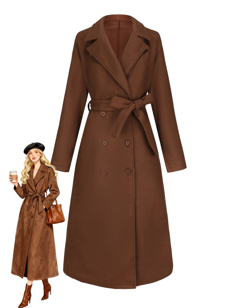 Brown 1930s Notched Collar Faux-Wool Long Coat - vintage fashion, retro style