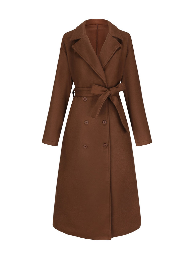 Brown 1930s Notched Collar Faux-Wool Long Coat - vintage fashion, retro style