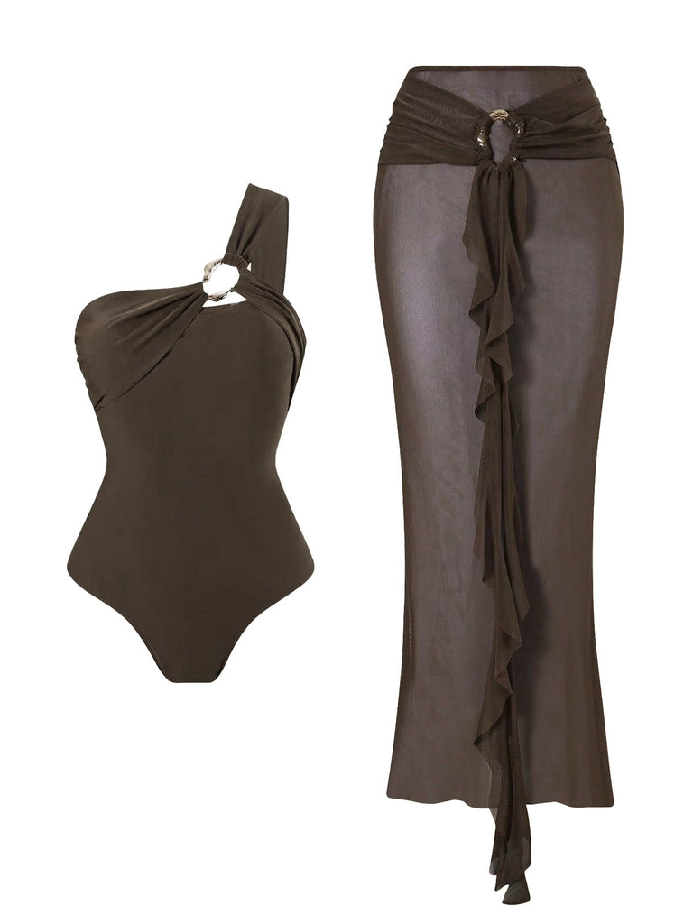 Brown 1930s Mesh Sheer One Piece Bikini Set