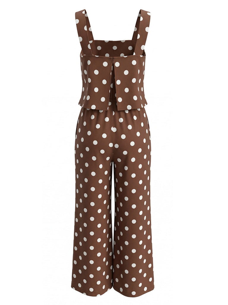 Brown-1930s-Polka-Dot-Wide-Strap-Wide-Leg-Jumpsuit, vintage, retro, romper