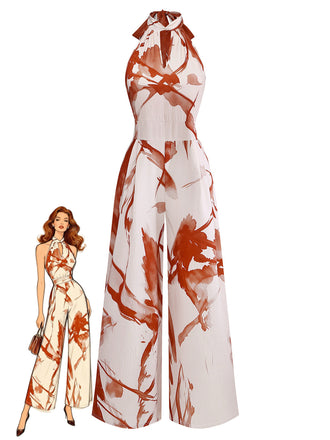 Brown 1930s Sleeveless Halter Abstract Floral Print Jumpsuit, vintage romper, retro jumpsuit - perfect for women who love vintage and retro fashion