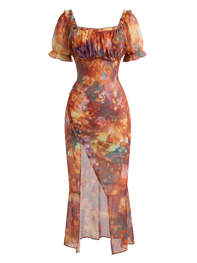 Light Brown 1930s Floral Square Neck Dress 3