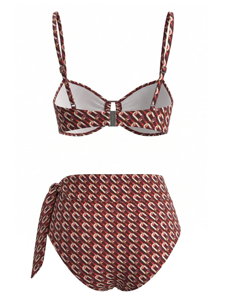 Brown-1940s-Chain-Print-High-Waist-Bikini-Set, vintage, retro, swimwear
