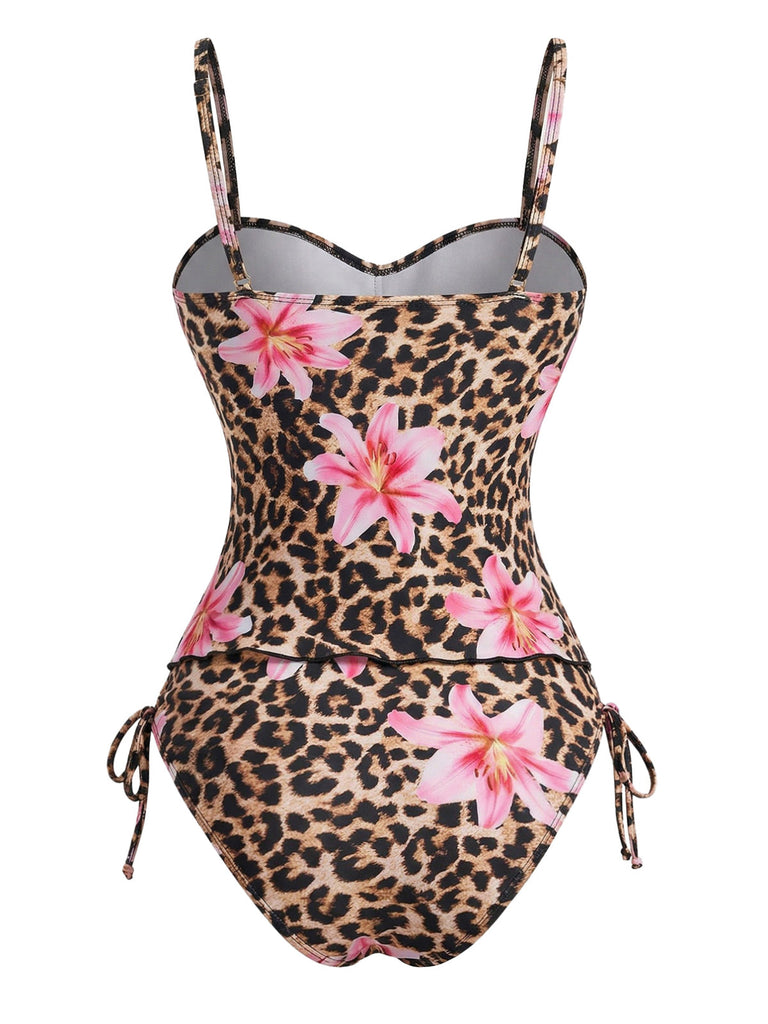 Brown 1940s Leopard Floral Print Front Cutout Tankini Set | vintage fashion, retro style, classic elegance - perfect for retro fashion enthusiasts