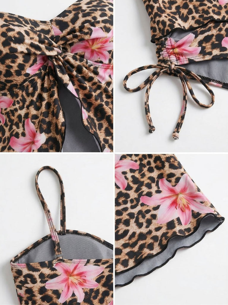 Brown 1940s Leopard Floral Print Front Cutout Tankini Set - vintage fashion, retro style, classic elegance for vintage lovers