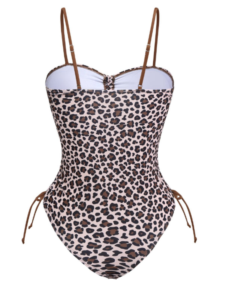 Brown 1940s Leopard Hollow Drawstring Swimsuit: 1940s Riviera elegance, reimagined for her