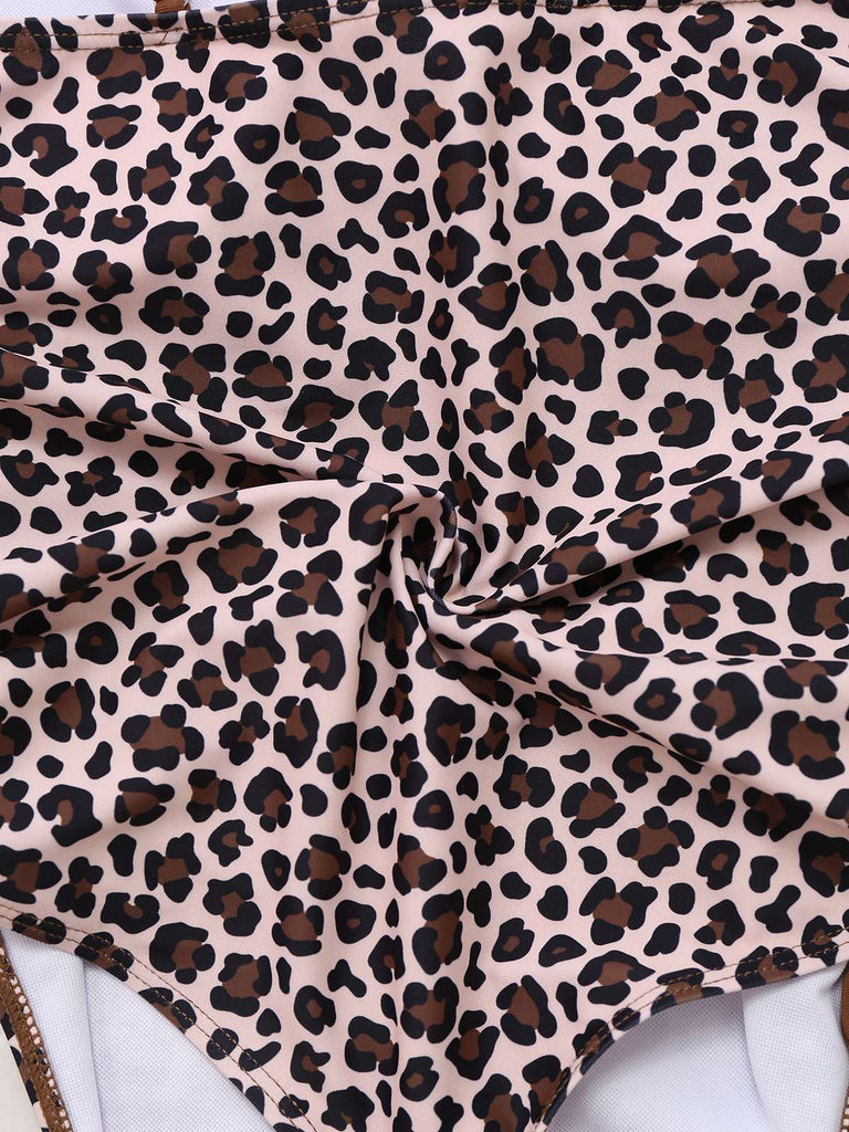 This Brown 1940s Leopard Hollow Drawstring Swimsuit carries 1940s vacation dreams in every stitch