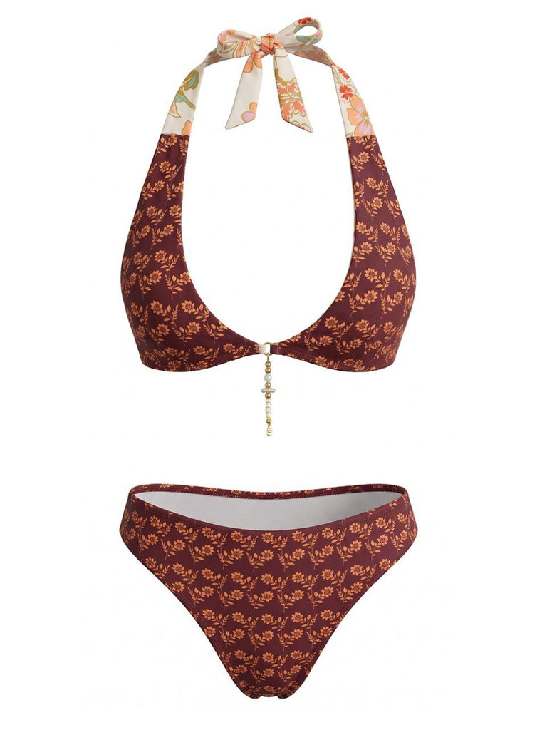 Brown 1940s Reversible Flower Halter Bikini Set, vintage swimsuit, pin-up swimwear - perfect for women who love vintage and retro fashion