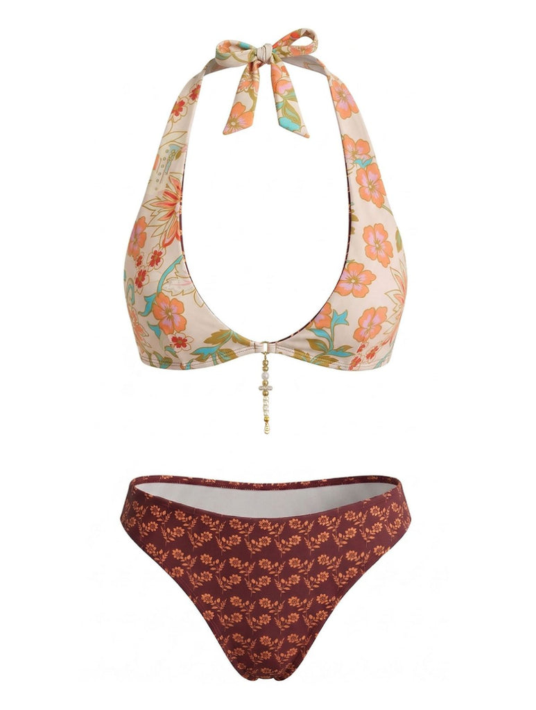 Brown 1940s Reversible Flower Halter Bikini Set, vintage swimsuit, pin-up swimwear - perfect for women who love vintage and retro fashion