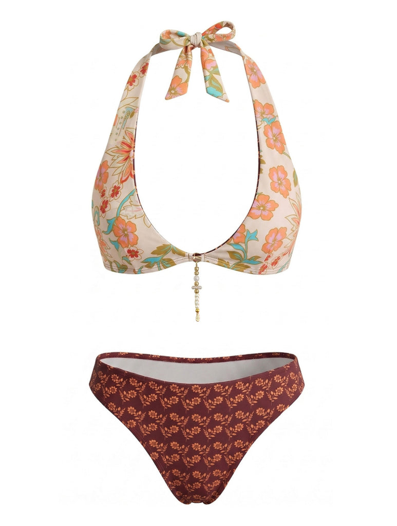 Brown 1940s Reversible Flower Halter Bikini Set, vintage swimsuit, pin-up swimwear - perfect for women who love vintage and retro fashion