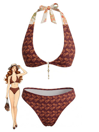 Brown 1940s Reversible Flower Halter Bikini Set - vintage swimsuit, pin-up swimwear for vintage lovers