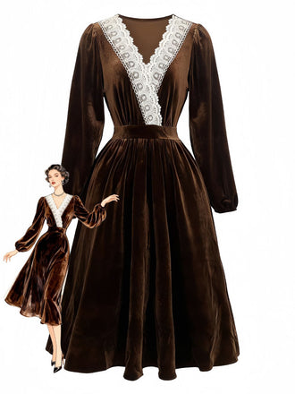 Brown 1940s Solid Lace Patchwork Velvet Dress - vintage dress, retro fashion