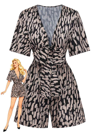 Brown 1940s V-Neck Leopard Satin Bind Romper - vintage jumpsuit, retro fashion
