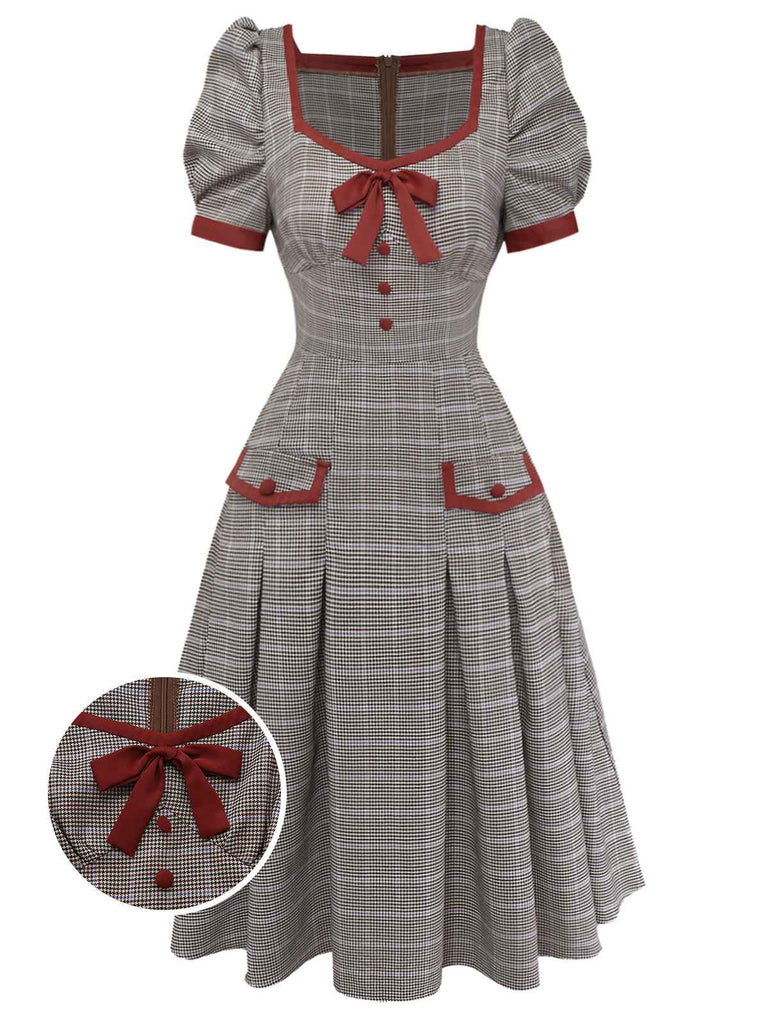 Brown 1950s Bow Houndstooth Pleated Dress - vintage dress, retro fashion, rockabilly