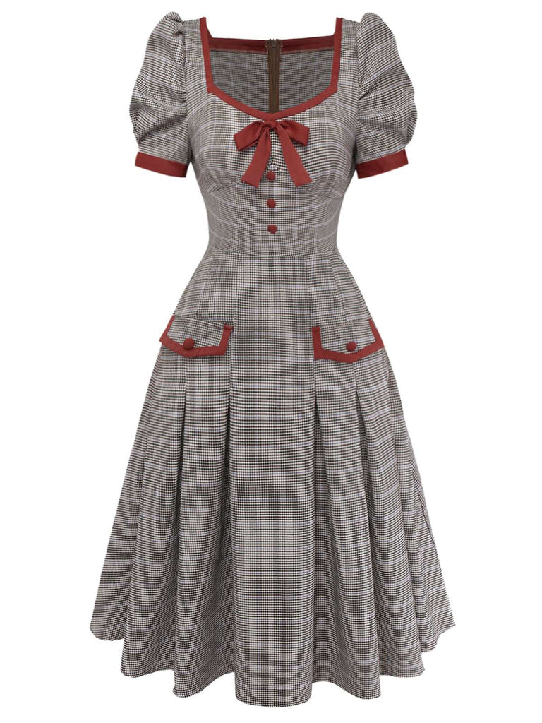 Brown 1950s Bow Houndstooth Pleated Dress - vintage dress, retro fashion, rockabilly