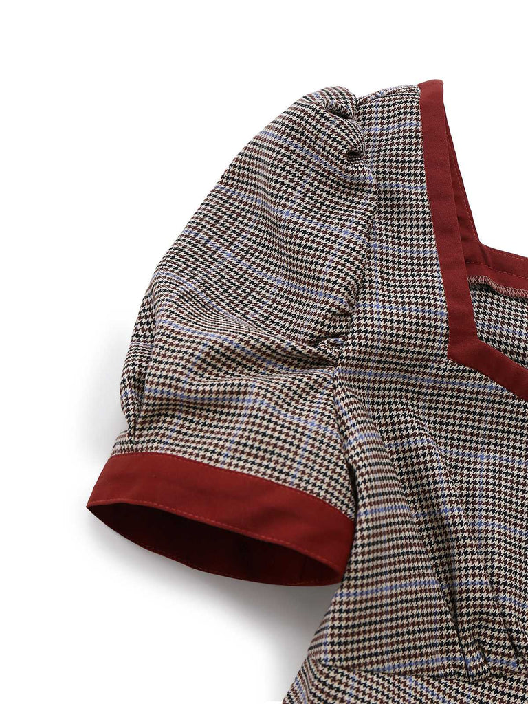 Brown 1950s Bow Houndstooth Pleated Dress - vintage dress, retro fashion, rockabilly
