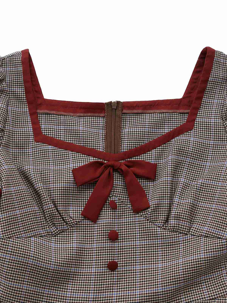 Brown 1950s Bow Houndstooth Pleated Dress - vintage dress, retro fashion, rockabilly