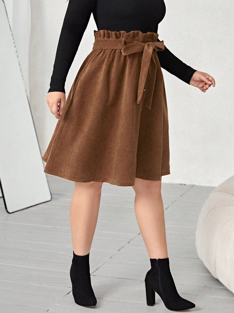Brown 1950s Corduroy Buttoned Skirt With Belt - vintage skirt, retro style