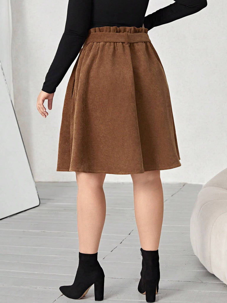 Brown 1950s Corduroy Buttoned Skirt With Belt - vintage skirt, retro style