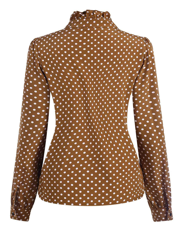 Brown 1950s Dots Ruffle Stand Collar Blouse, vintage top, retro blouse - perfect for women who love vintage and retro fashion