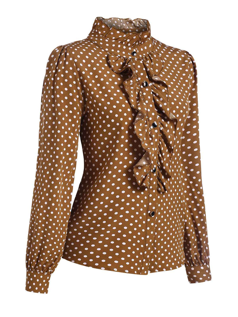 Brown 1950s Dots Ruffle Stand Collar Blouse, vintage top, retro blouse - perfect for women who love vintage and retro fashion