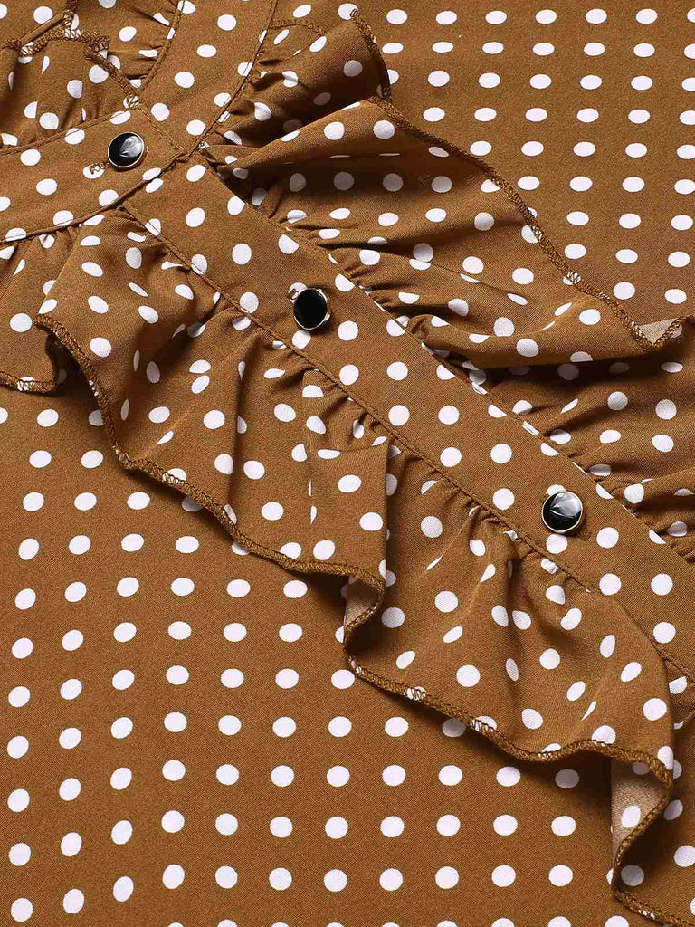 Brown 1950s Dots Ruffle Stand Collar Blouse, vintage top, retro blouse - perfect for women who love vintage and retro fashion