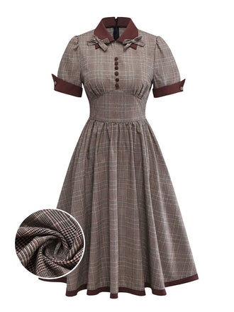 Brown 1950s Lapel Plaid Bow Dress - vintage dress, retro fashion, rockabilly